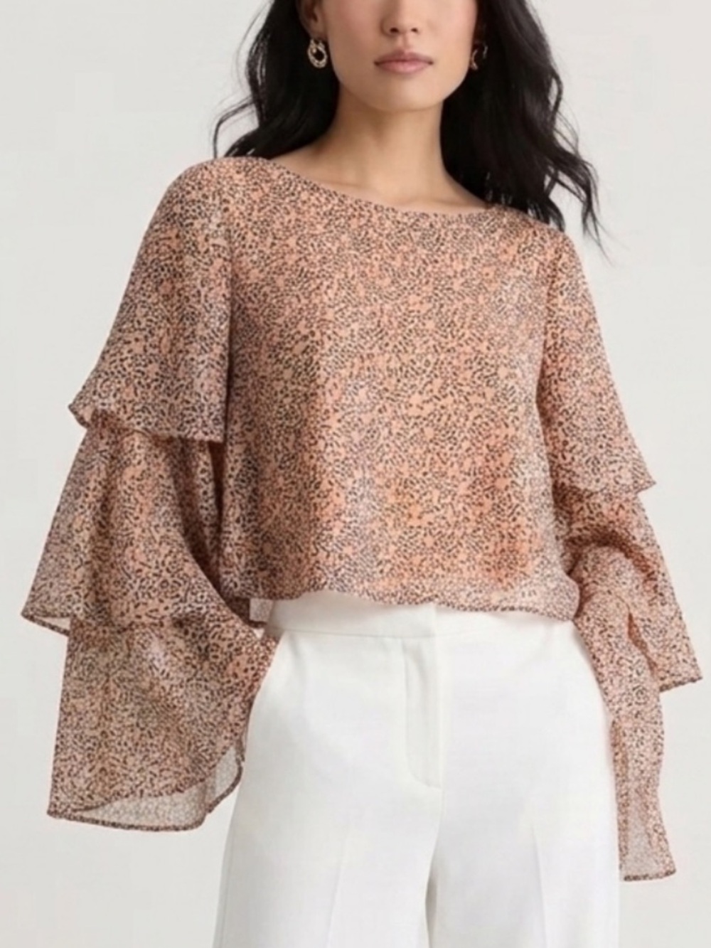 BCBGeneration Tiered Ruffle Bell Sleeve Blouse Size Small Sheer Floral Metallic